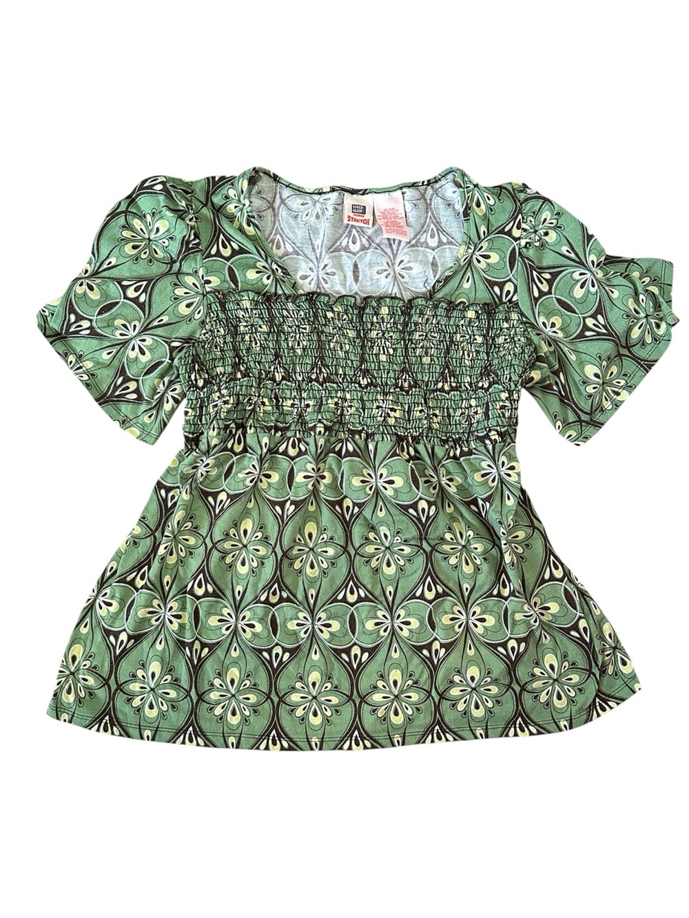 Vintage Faded Glory Green Smocked Tie Back Babydoll Tunic Top